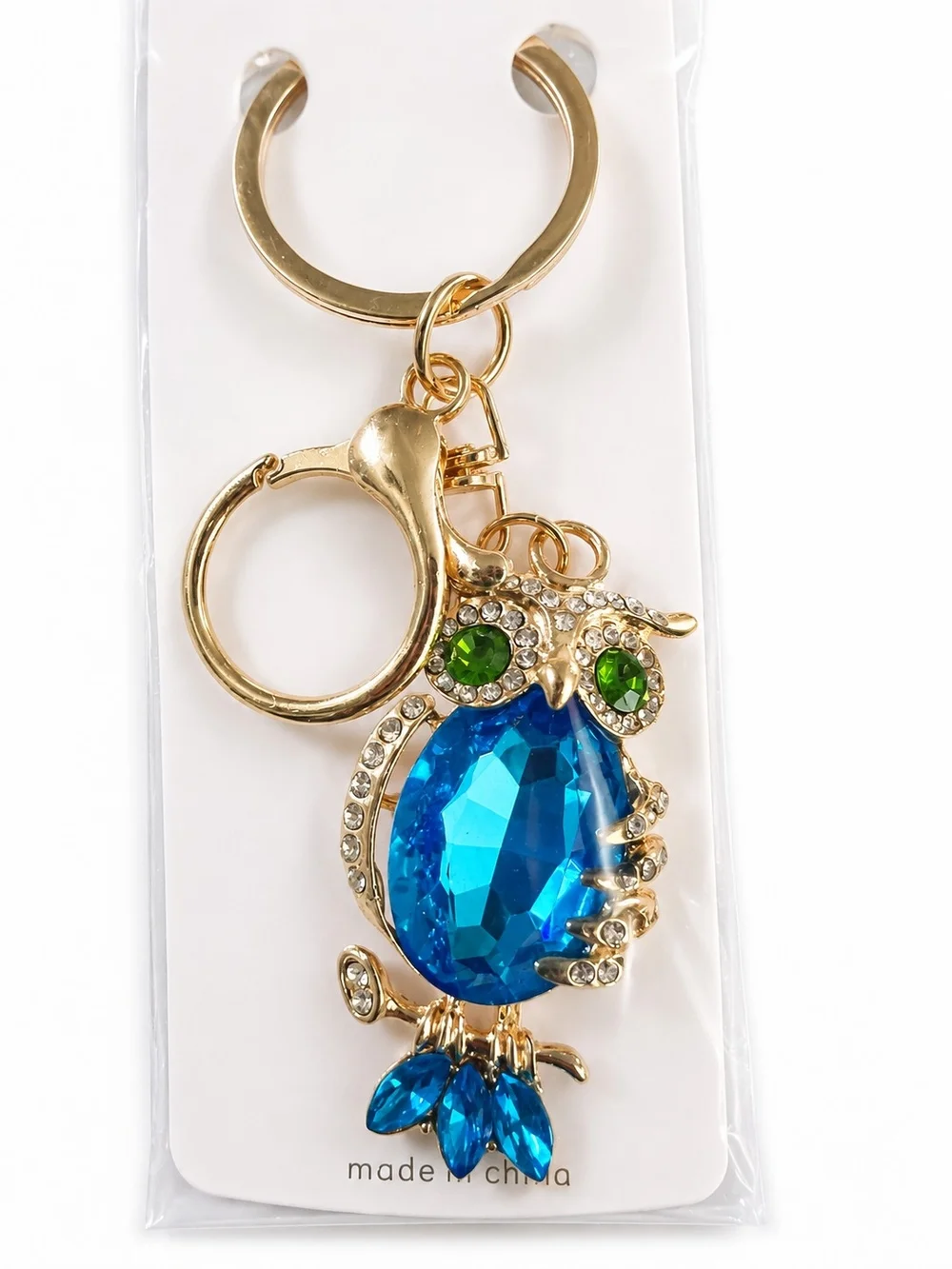 Mint Gold Owl Keychain with Blue and Green Crystals